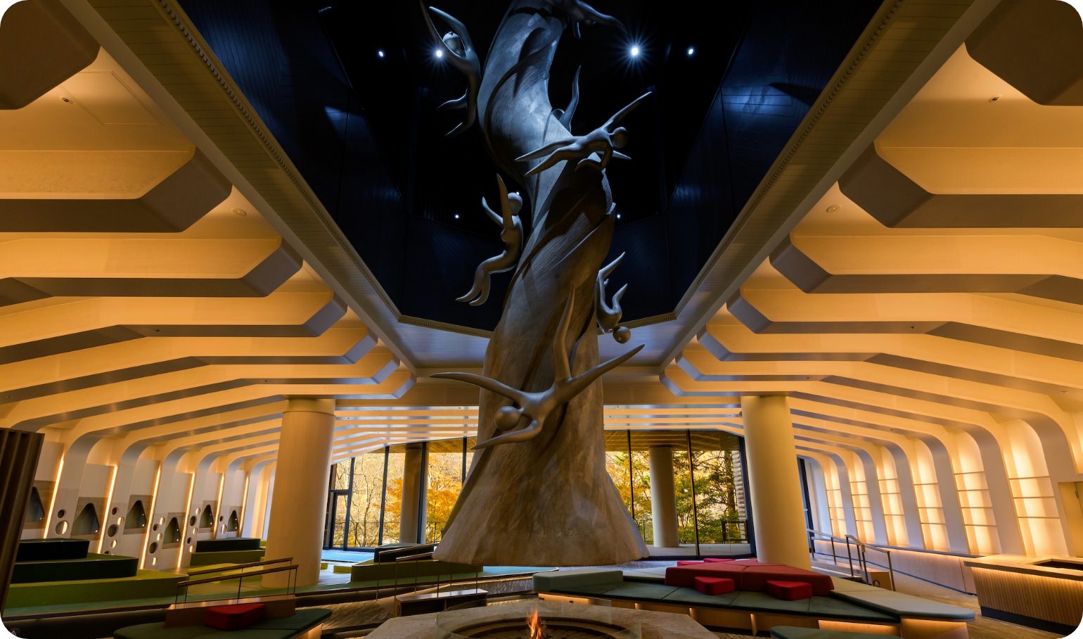 'River God' fireplace soaring toward the sky