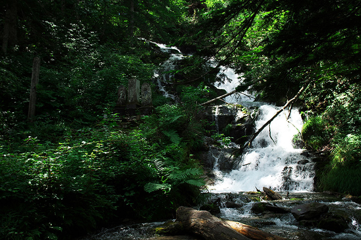 一條清澈的溪流從岩石中流下來