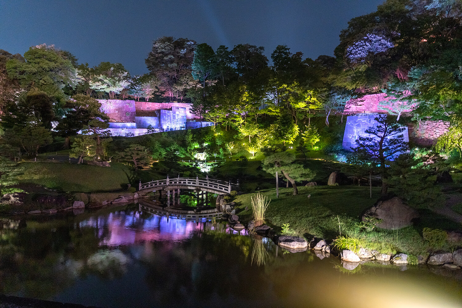 玉泉院丸花園被五顏六色的燈光照亮