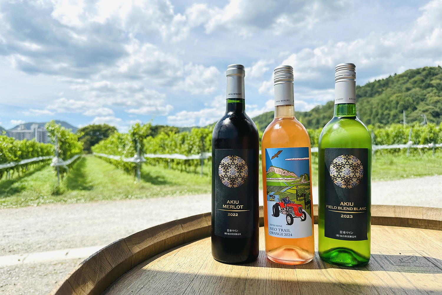 從左到右，「秋保 Merlot 2022」由我們自家農場的100%葡萄釀造，「Neo Trail Orange 2024」是特拉華與新麝香的混合，「秋保 Field Blend Blanc」則融合了荔枝與玫瑰花香與香料。