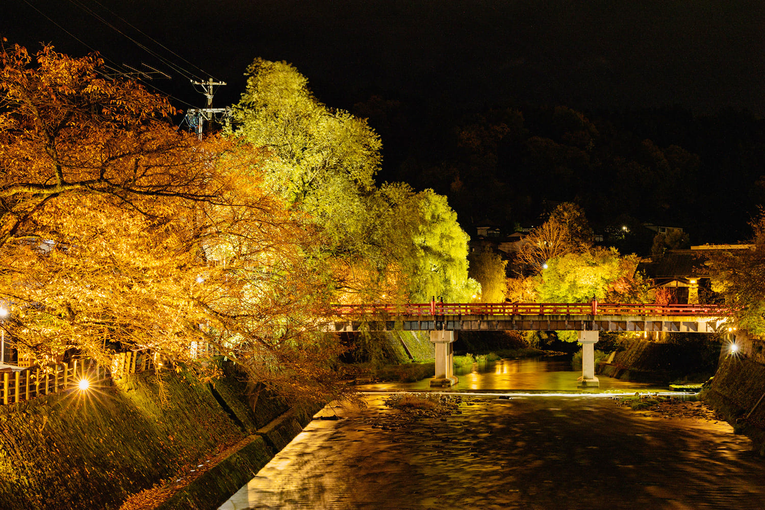 在傳統的春季阿爾卑斯山節期間，豪華的小吃攤穿過橋。 秋天的中橋被紅葉染成光澤，也很上鏡