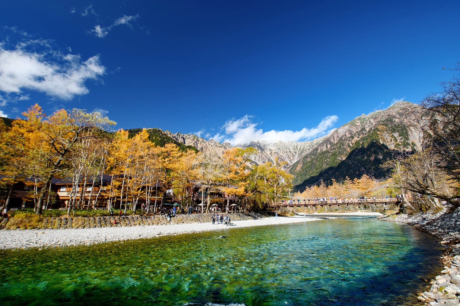 以穗高山脈為背景，河童橋可以看到梓川清澈的溪流和紅葉