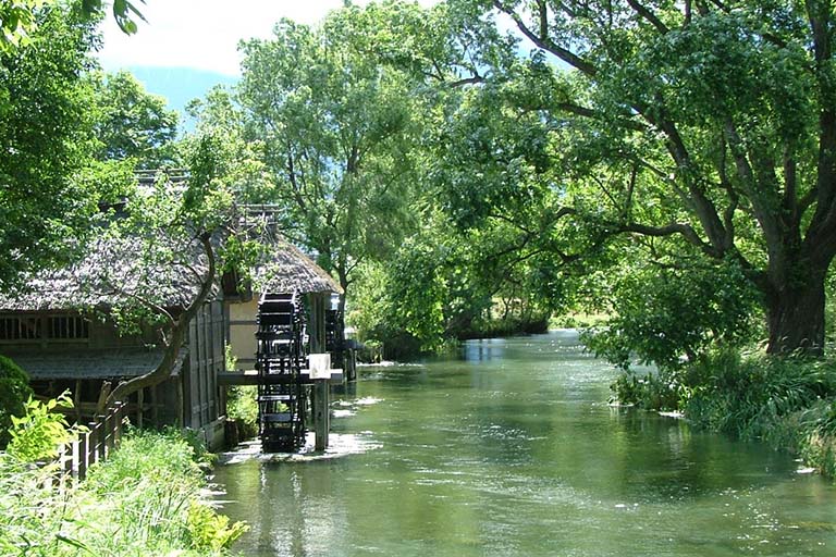 緑に抱かれた蓼川に水車小屋がひっそりと佇む、郷愁を誘う風景