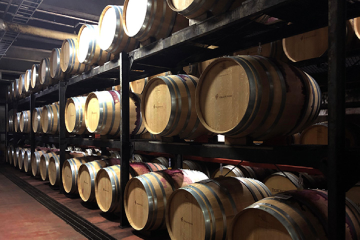 ワイン城の「地下熟成庫」に並ぶワイン樽