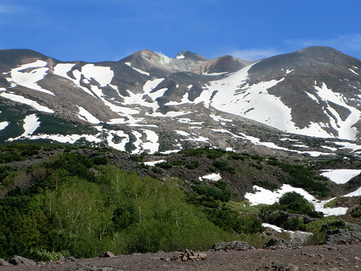望岳台から見た残雪が残る十勝岳