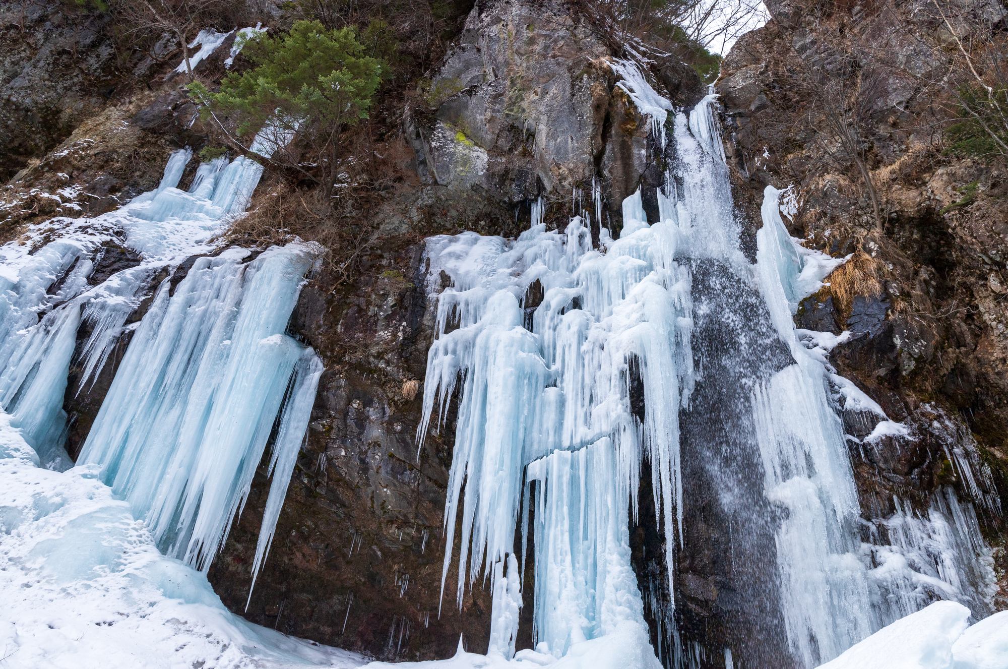 スノーシューで戦場ヶ原をハイキングした先には「庵滝」の氷瀑が輝いている