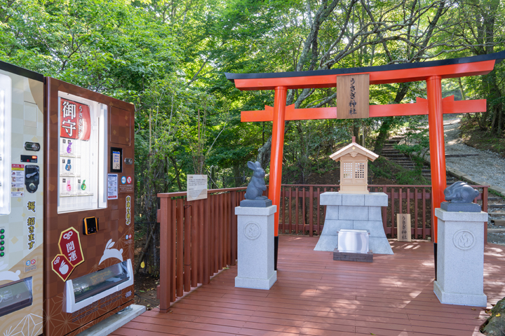 「ご利益広場」。休憩所の「たぬき茶屋」では、ウサギ形のお守りを販売しています