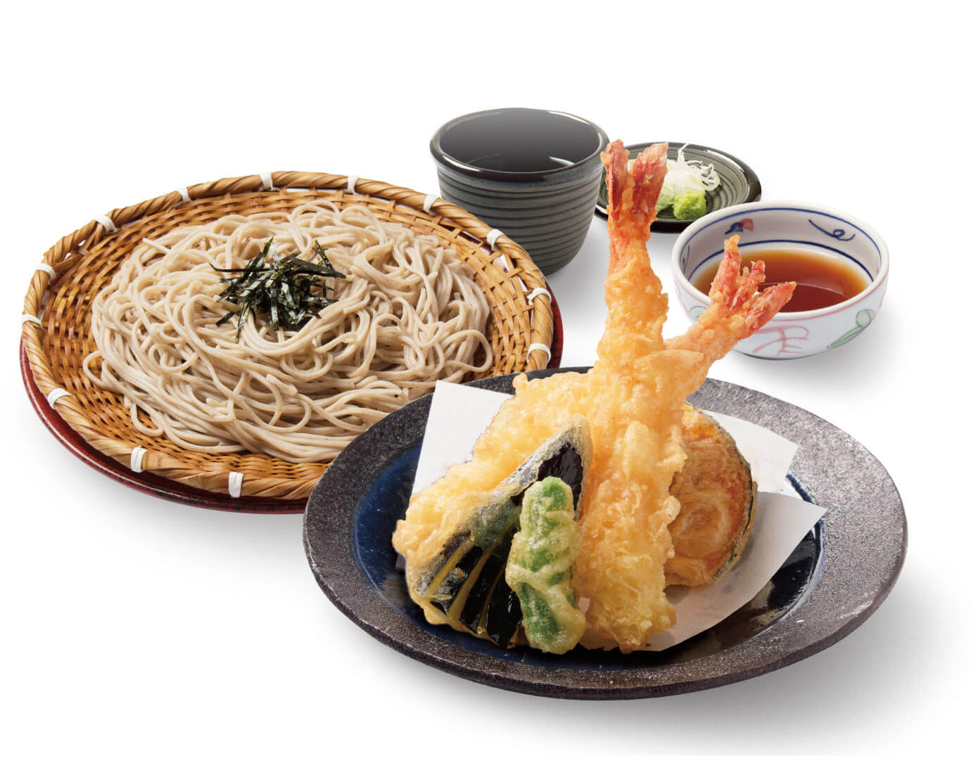 ざる蕎麦と、エビと野菜の天ぷらがセットになった「大海老天ざる蕎麦」1,180円
