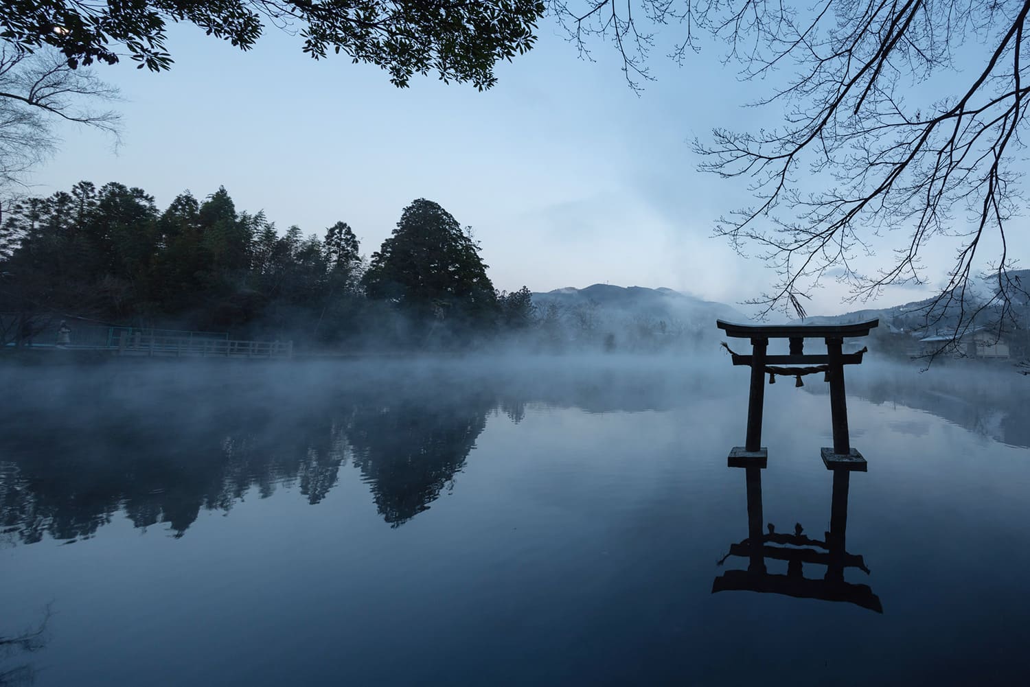 「天祖神社」側から見た湖の様子。神社の脇からは由布山系の湧水が出ており、清らかな空気に包まれている