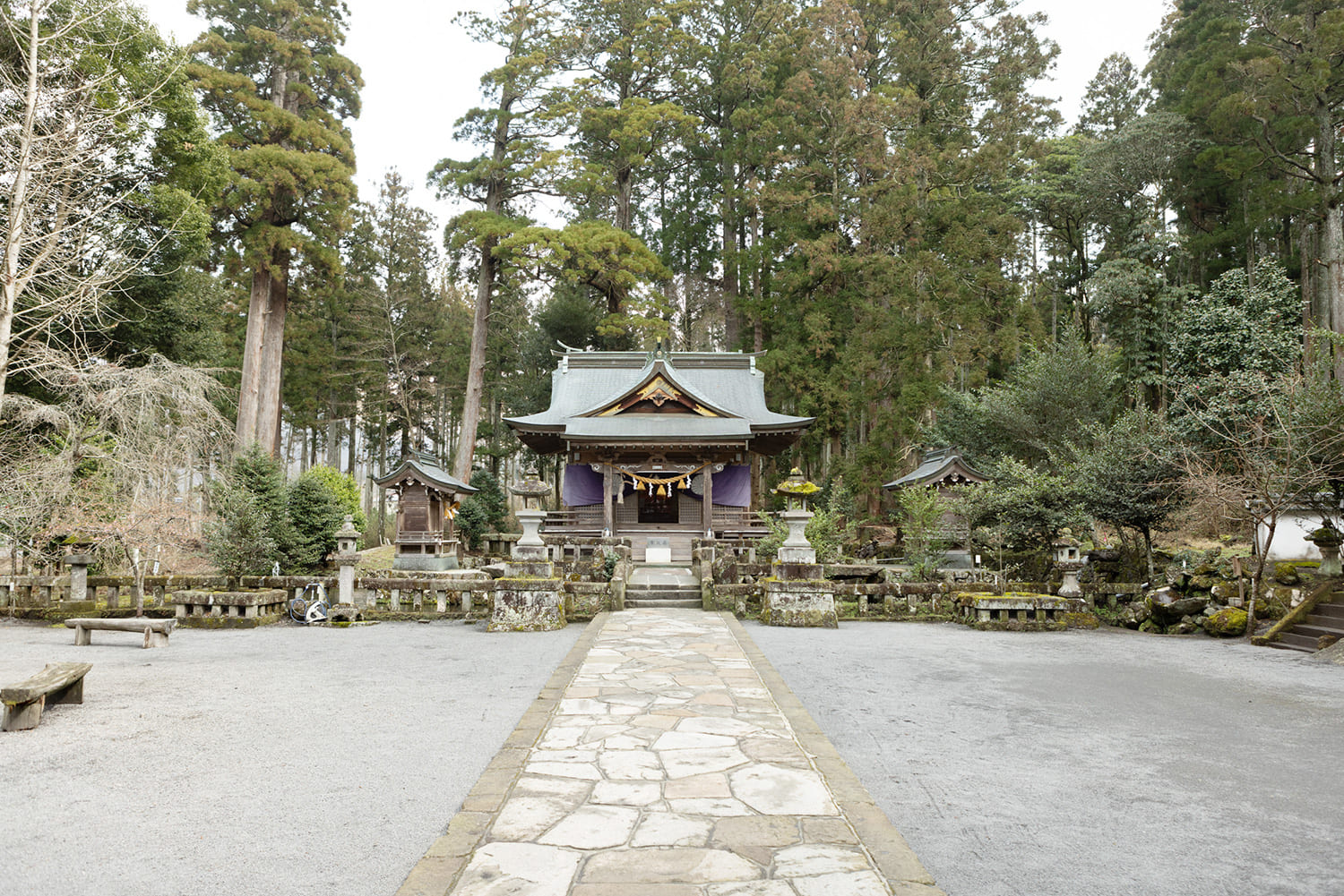 石畳の先に小さな神橋があり、渡った先に拝殿がある。周辺は神池が広がる
