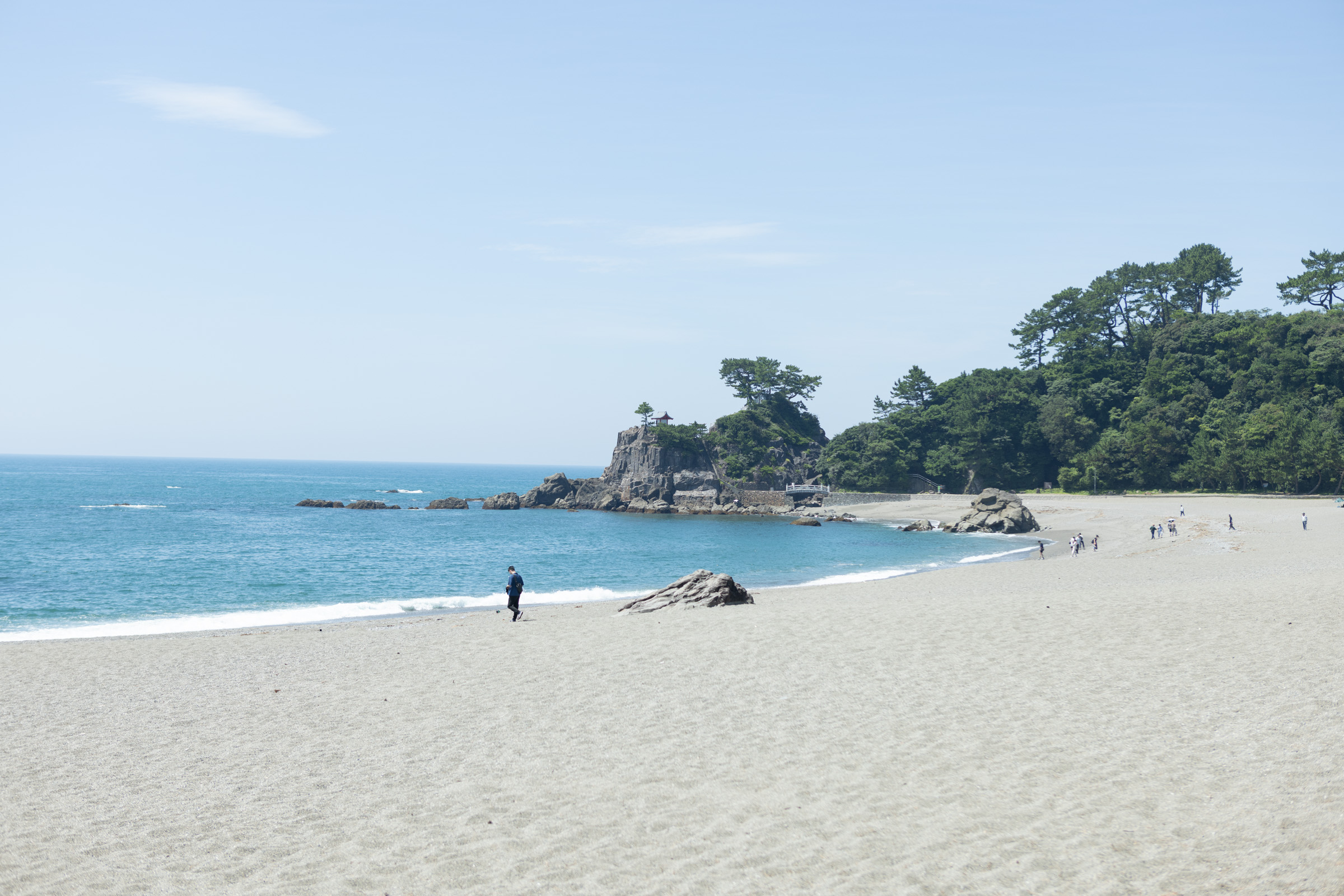 松林と砂浜、海のコントラストが美しい。正面奥に見えるのは「龍王岬」