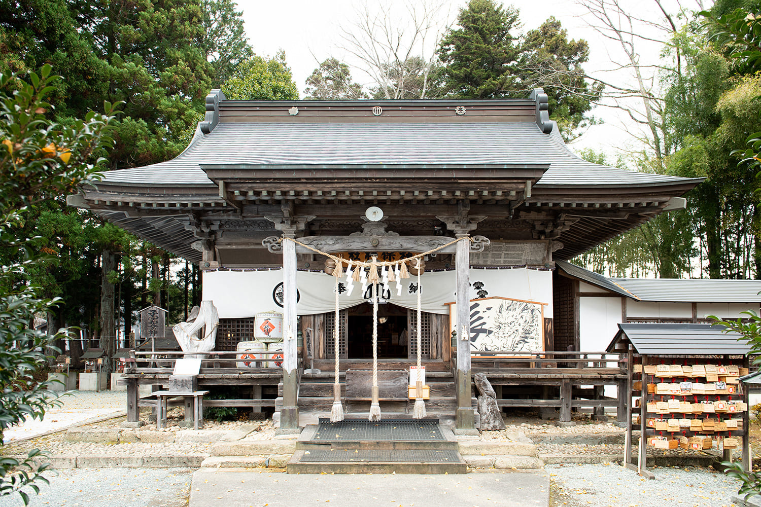 1652年（慶安5年）に建立された現在の社殿。境内には御神木とされるイチョウや樹齢約300年のシダレザクラが生える