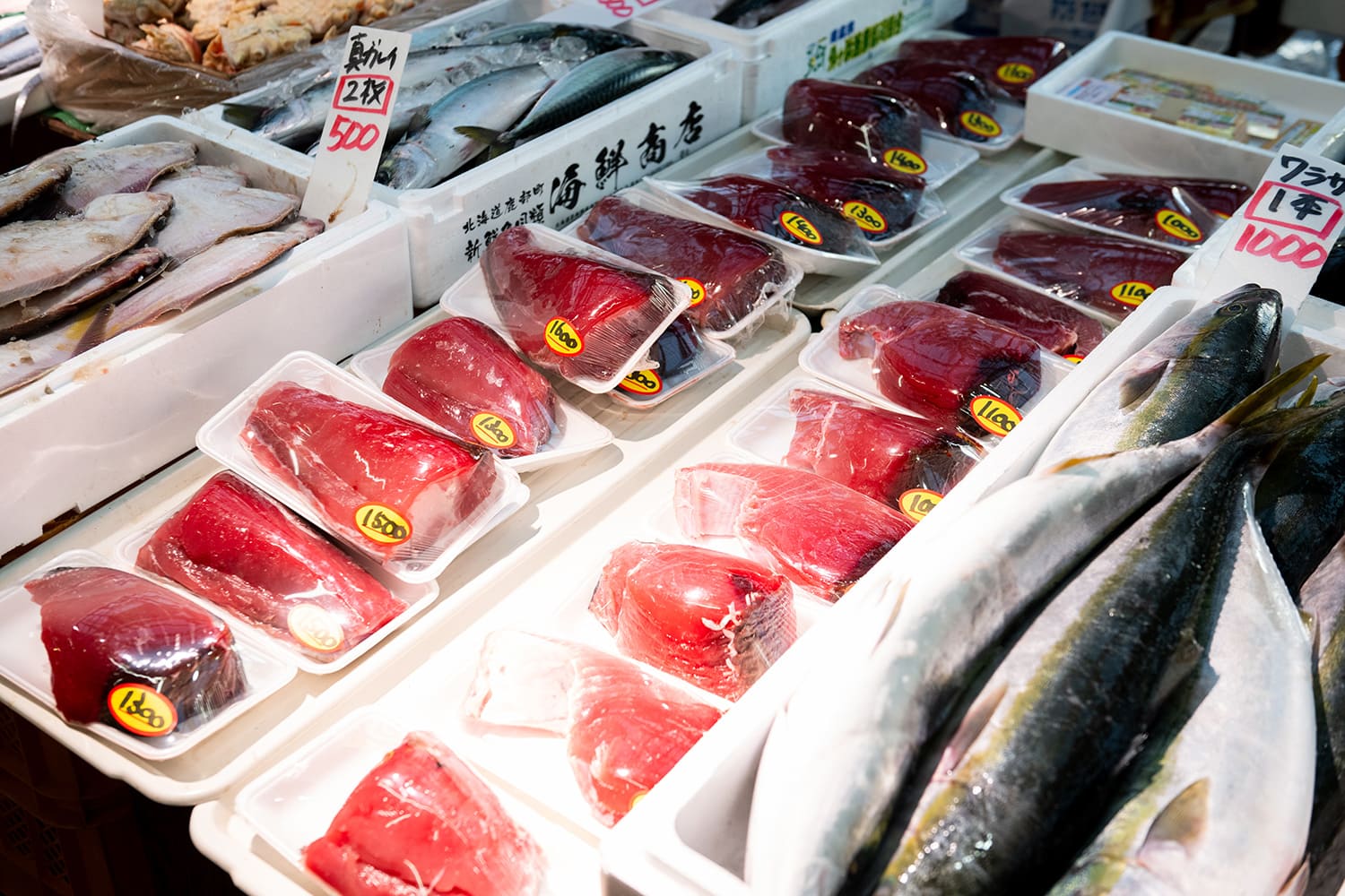 新鮮な魚をお得に購入できるのも魅力。購入した魚介類は、無料の炉端焼きスペースで味わうことができる