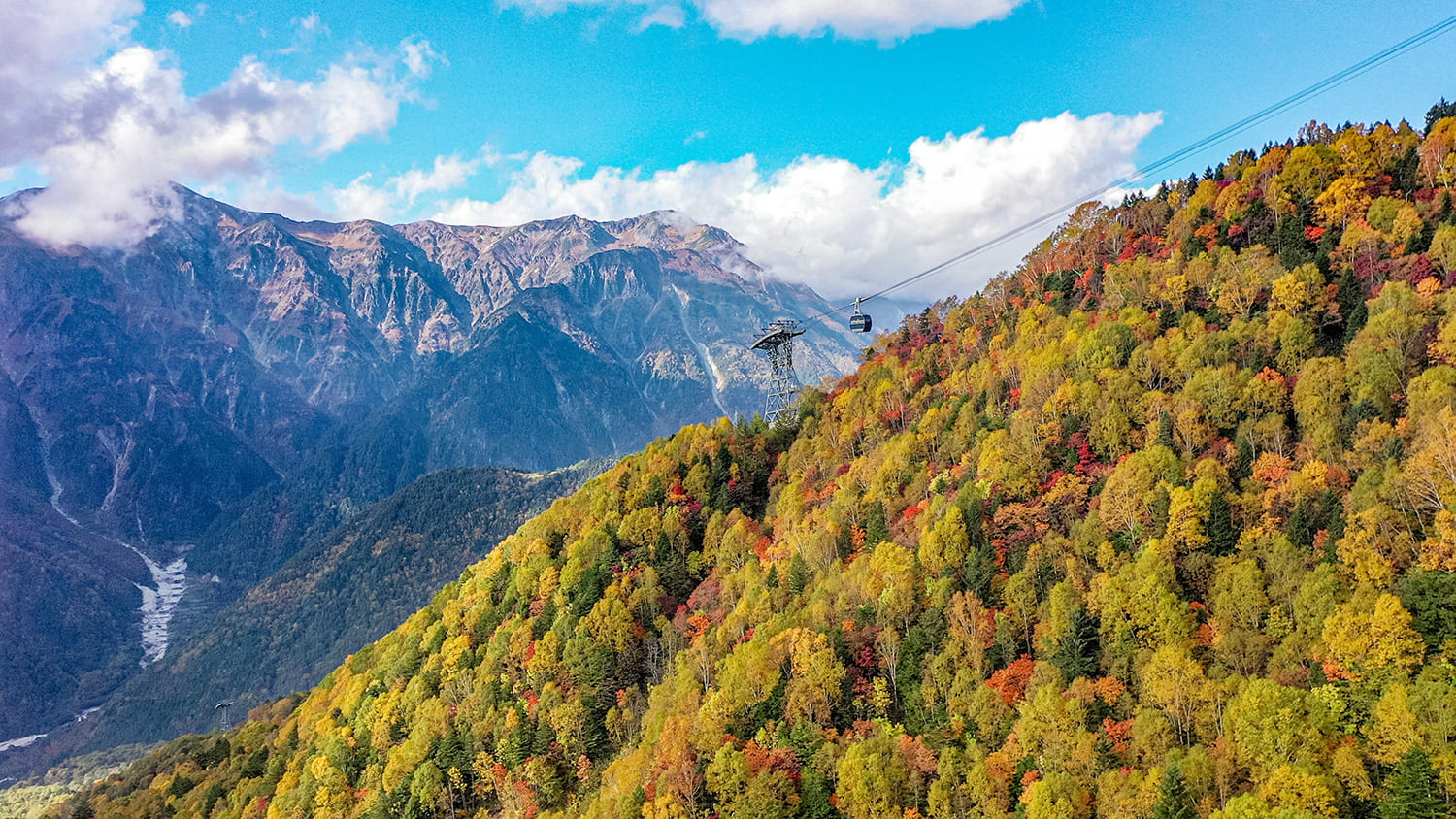 第1・第2ロープウェイを乗り継いで山頂へ。北アルプスと紅葉の山のコントラストが美しい