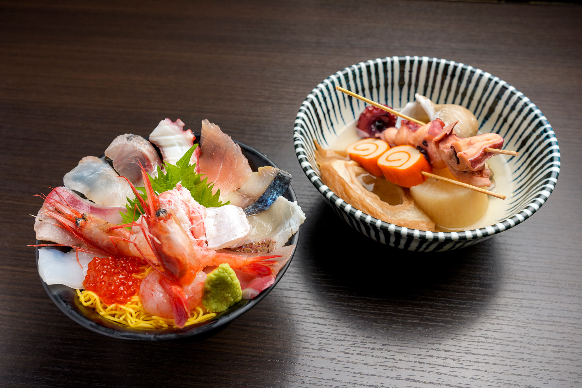 「金沢丼」2,980円と「金沢おでん盛」2,350円。おでんは単品の注文も可能